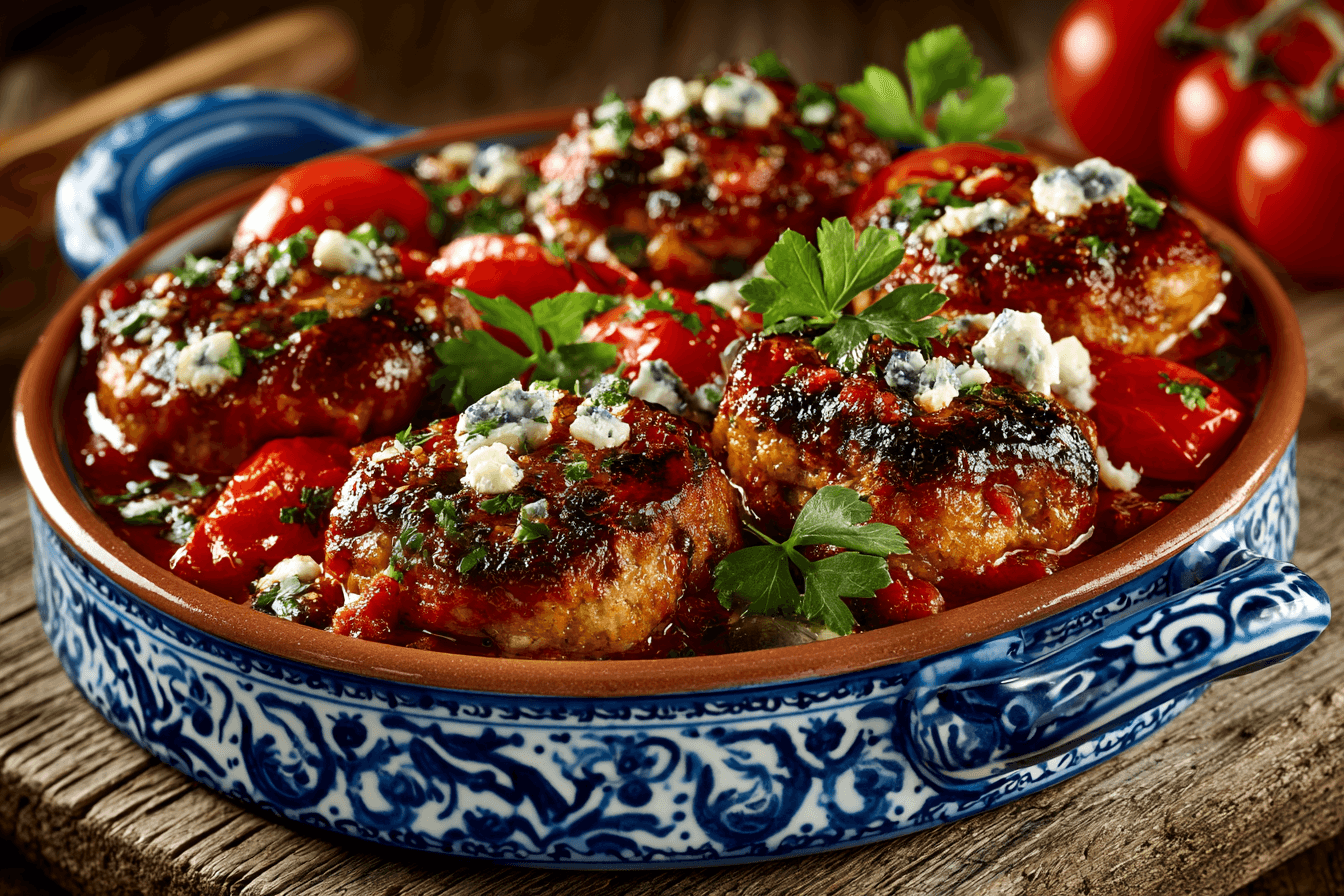 Baked Meatballs with Tomato, Harissa & Feta